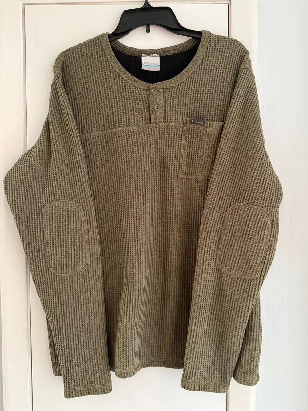 Columbia Olive Waffle-Knit Crewneck Sweater with Henley Placket